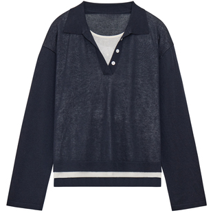 MOORING泊 假两件POLO领针织衫天丝亚麻混纺宽松休闲撞色上衣女