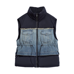 【保暖90白鸭绒】Desigual25秋冬新品牛仔拼接立领马甲女士羽绒服