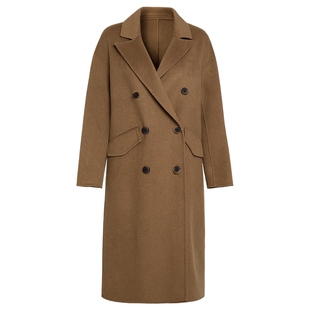 马天奴2025新款纯色绵羊毛双面呢大衣翻领双排扣长款外套时尚百搭