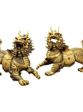 铜麒麟一对金钱有底纯黄铜公母财家居店铺装饰工艺品摆设