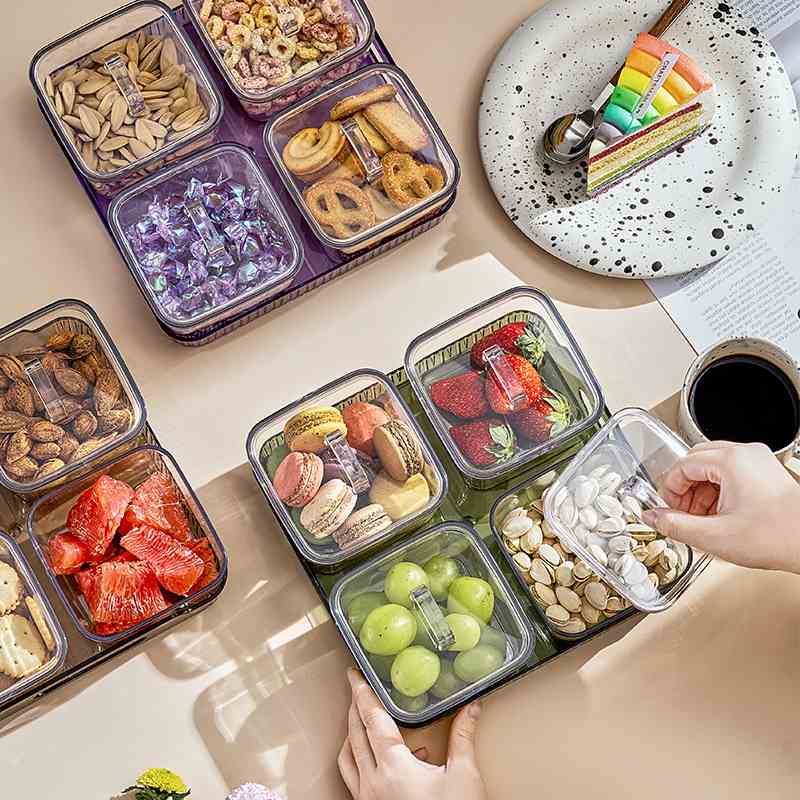 24北欧轻奢透明四宫格收纳盒套托盘点心干塑料分装果盘家用盒带零