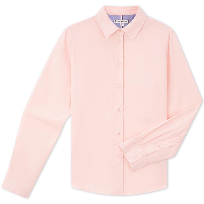 Tommy女裝純棉簡約圓章刺繡商務(wù)休閑通勤純色長袖襯衫外套43344