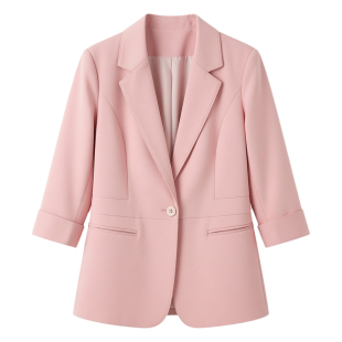 轻奢粉色春夏薄款西装名媛外套小个子修身盐系碎花连衣裙子两件套