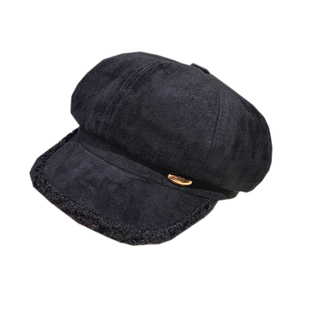 美拉德咖色复古麂皮绒贝雷帽子女秋冬网红显脸小毛绒八角报帽童帽