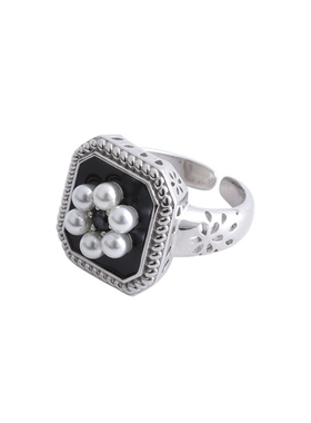 黑色INS珍珠花朵欧美风食指环