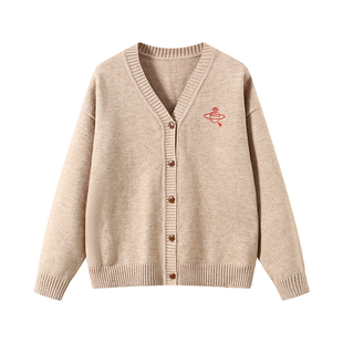 DDXZ夕子 复古减龄V领单排扣毛衣外套落肩土星环刺绣长袖针织开衫