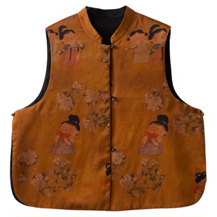 一丝牵双面穿100%桑蚕丝缎提花香云纱马甲女真丝国风小唐人2026春