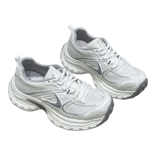 2026春季新款真皮老爹鞋女厚底增高网面透气运动休闲鞋百搭小白鞋