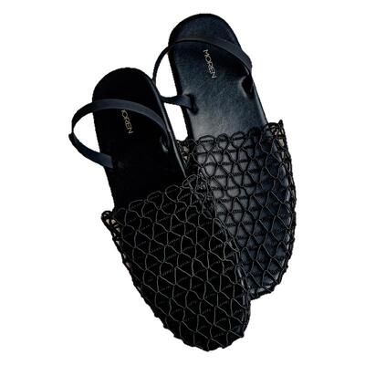 小众镂空渔网羊皮垫脚圆头凉鞋