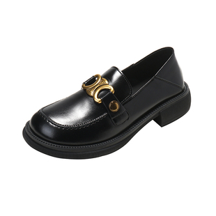 h先生/真皮英伦小皮鞋凯旋门金属扣复古乐福鞋女厚底新款四季单鞋