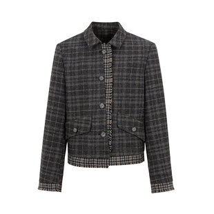 Funnel in复古格子拼接毛呢外套女秋冬季新款宽松休闲夹克