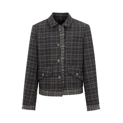 Funnel in复古格子拼接毛呢外套女秋冬季新款宽松休闲夹克