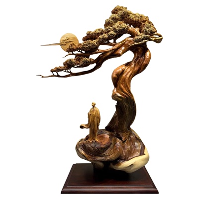 太行崖柏精雕迎客松根雕摆件