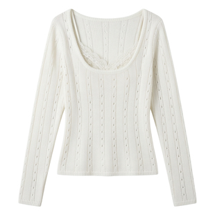 春装韩系设计感方领打底衫女皮草内搭镂空针织衫修身叠穿毛衣上衣