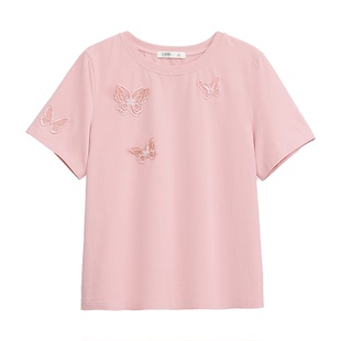 t恤粉色凉感冰瓷棉珍珠蝴蝶短袖女白色2026夏装新款上衣别致小衫