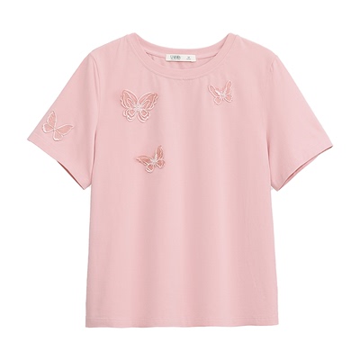 粉色凉感冰瓷珍珠立体蝴蝶短袖