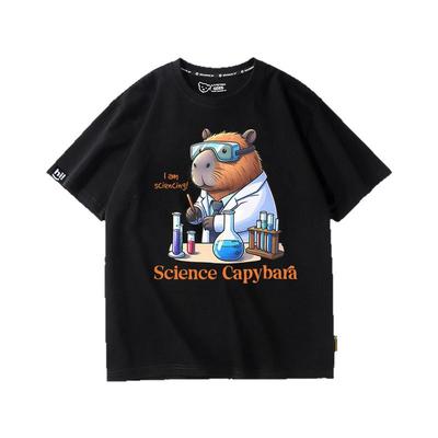 趣味capybara科学家水豚卡皮巴拉T恤纯棉短袖男女儿童亲子装衣服