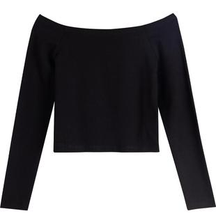 烟灰色打底衫女春秋新款内搭性感露肩一字肩上衣短款紧身t恤长袖