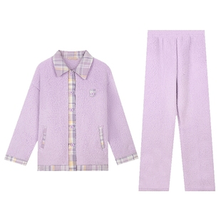 秋鹿毛绒睡衣女冬款羊羔绒保暖可外穿家居服套装长袖长裤拼接外套