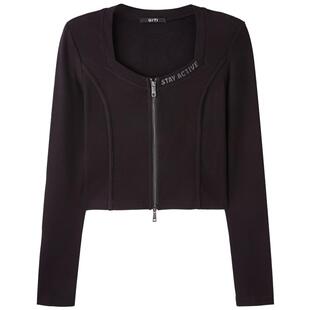 U/TI黑色方领垫肩高腰短款T恤女 百搭双拉链上衣尤缇2025春季新款