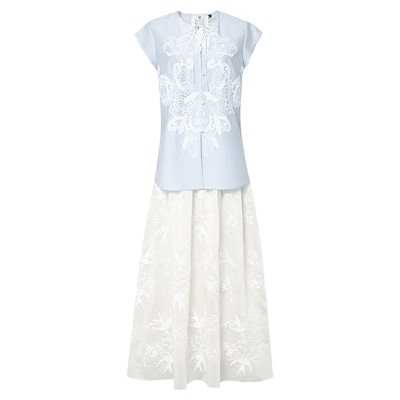 2025夏季新款气质新中式贴花天丝上衣+高腰大摆仙气绣花半裙套装