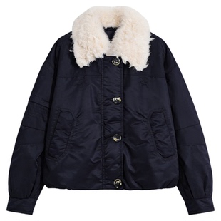 Basic House/百家好藏青色毛毛翻领短款羽绒外套女冬加厚保暖夹克