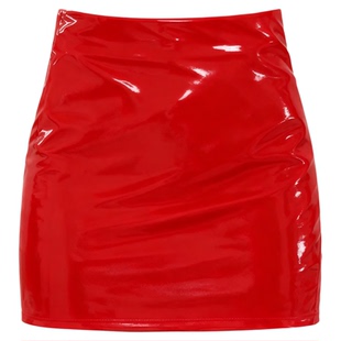 Rose-red shiny leather body-hugging skirt玫红色亮皮 包臀短裙