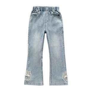 女童牛仔裤春夏2026新款春装大童国风刺绣洋气喇叭裤儿童春季裤子