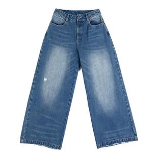 FEAR4FREE 无性别设计师基础款做旧磨边自然蓝色阔型牛仔长裤男女