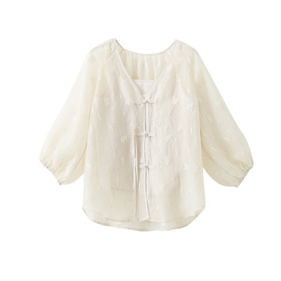 popchrio新中式盘扣衬衫半裙套装