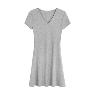 pusumede V领针织短袖连衣裙女夏季弹力修身收腰显瘦气质a字短裙