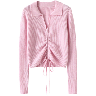 浪漫优雅归属!2023新款100%纯羊绒衫V领皱褶羊绒针织衫上衣女