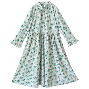 【春树暮云】灯芯绒印花连衣裙女2025秋季新款复古荷叶袖大摆长裙