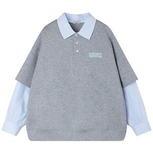 【海岛学院】假两件拼接卫衣长袖衬衫领双面棉上衣男女童新款