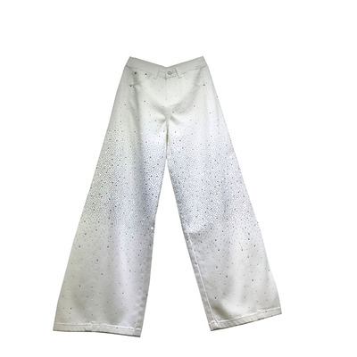 E野视角烫钻弯刀裤女2026年春季拖地牛仔裤白色爆闪阔腿裤61296