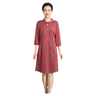 依佈中老年女士气质新中式连衣裙优雅妈妈装中裙宽松显瘦中袖裙子