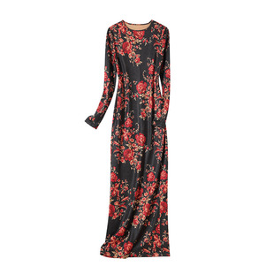 法式连衣裙女长款过膝一步连身裙显瘦长袖优雅弹力针织印花茶歇裙