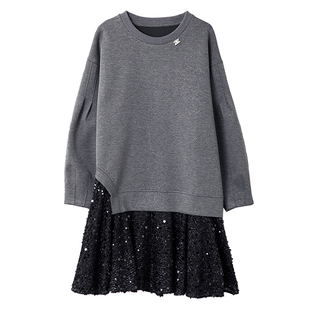 宝诗黎圆领亮片拼接连衣裙2026春季气质设计感洋气长袖亮丝休闲裙