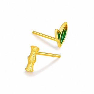 百泰黄金耳钉叶子耳饰足金999耳坠简约潮款竹节珐琅耳环竹报平安