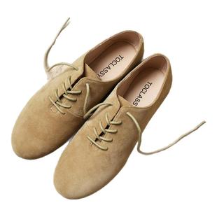 驼色 磨砂真皮 英伦风系带牛津鞋 平底鞋深口单鞋大码女鞋41-43码