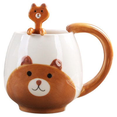 可爱卡通小动物陶瓷杯带勺高颜值早餐杯咖啡杯牛奶情侣水杯送女生