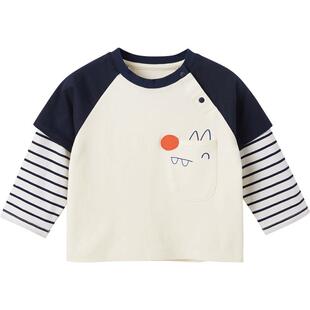 博睿恩男童假两件长袖t恤春秋入学男女宝宝长袖上衣纯棉亲肤童装