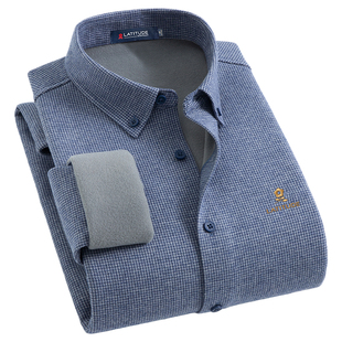 100%棉X加绒内里梦特娇男士加厚保暖衬衫冬季轻奢高端细格纹衬衣Z