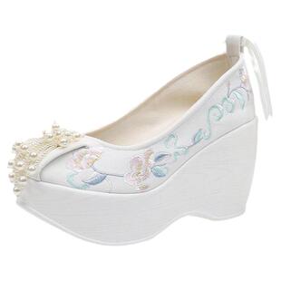 原创古风汉服鞋子古装弓鞋民族风女鞋高跟单鞋坡跟旗袍鞋刺绣布鞋