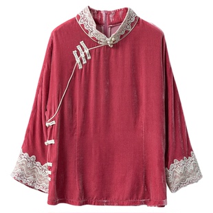 一丝牵蕾丝拼接真丝丝绒新中式上衣桑蚕丝国风斜门襟立领盘扣小衫