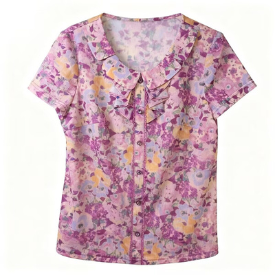 夏装网纱荷叶边速干妈妈T恤