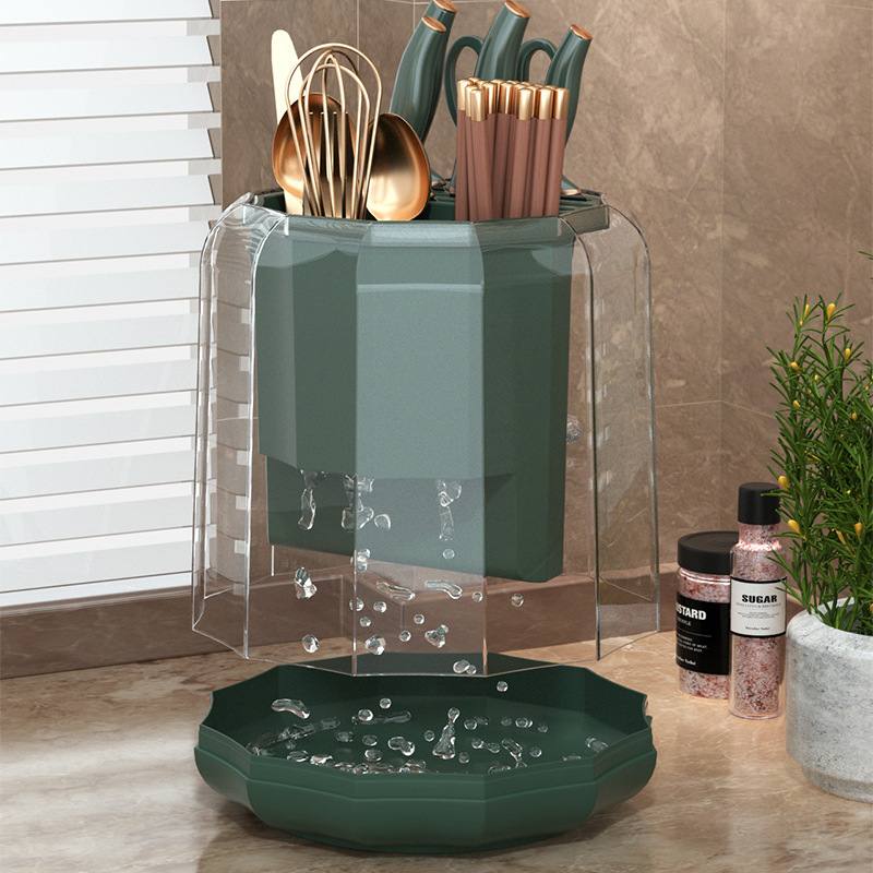 新品 厨房多功能旋转刀收纳架大容量沥水刀具置物架筷筒刀架一体