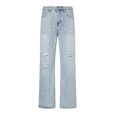 98SQUID美式vintage浅蓝破洞牛仔裤男女宽松阔腿拖地休闲垂感长裤