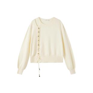 PIT复古设计感文艺套头圆领毛针织衫女春装新款百搭宽松上衣