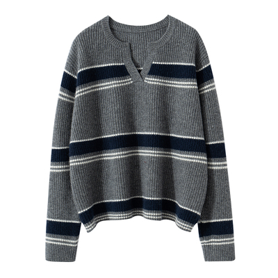 蓝色条纹羊绒衫女2024冬季新款韩系穿搭毛衣设计感内搭针织上衣